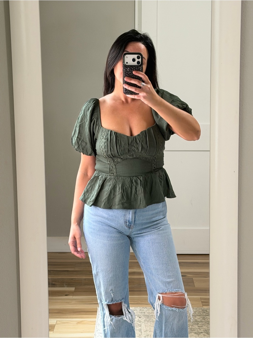 Trixxi Olive Green Puff-Sleeve Peplum Top